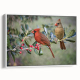Framed wall art showcasing a vibrant cardinal design on a textured canvas, displayed against a white backdrop with a side view highlighting its elegant frame. Perfect for bird lovers and home decor enthusiasts.