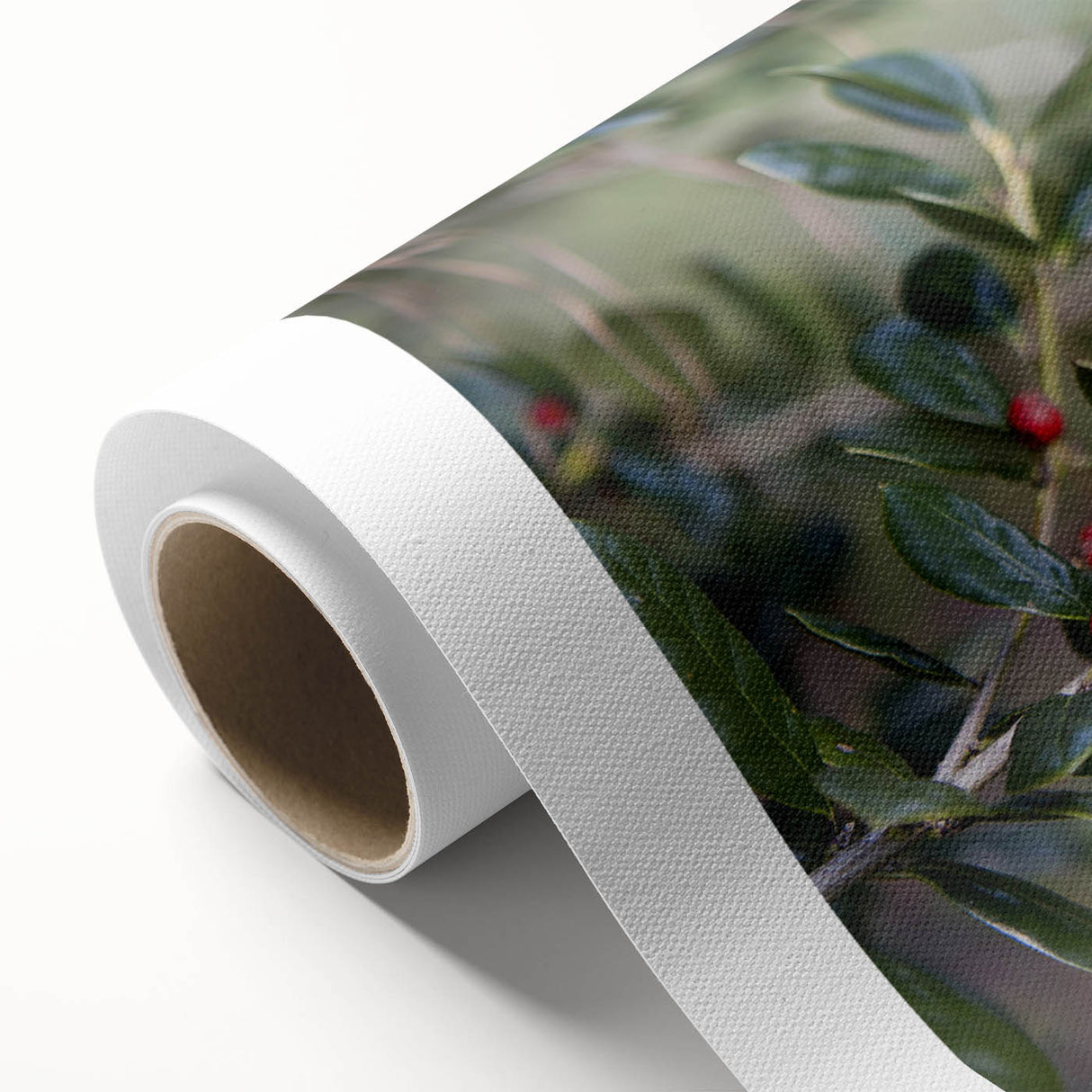 Vibrant rolled canvas artwork showcasing a detailed red cardinal perched on a branch with lush green leaves, perfect for nature lovers and home decor enthusiasts. The design captures the essence of wildlife, adding a pop of color to any space.