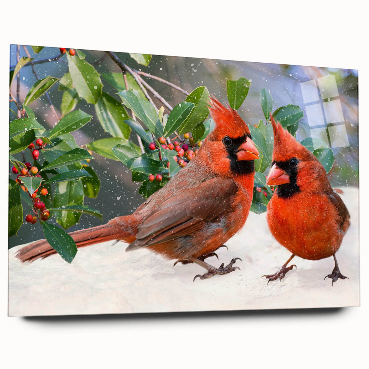 Side view of a cardinal design wall art collection displayed in an acrylic frame, showcasing vibrant red and green colors, perfect for nature-themed decor.