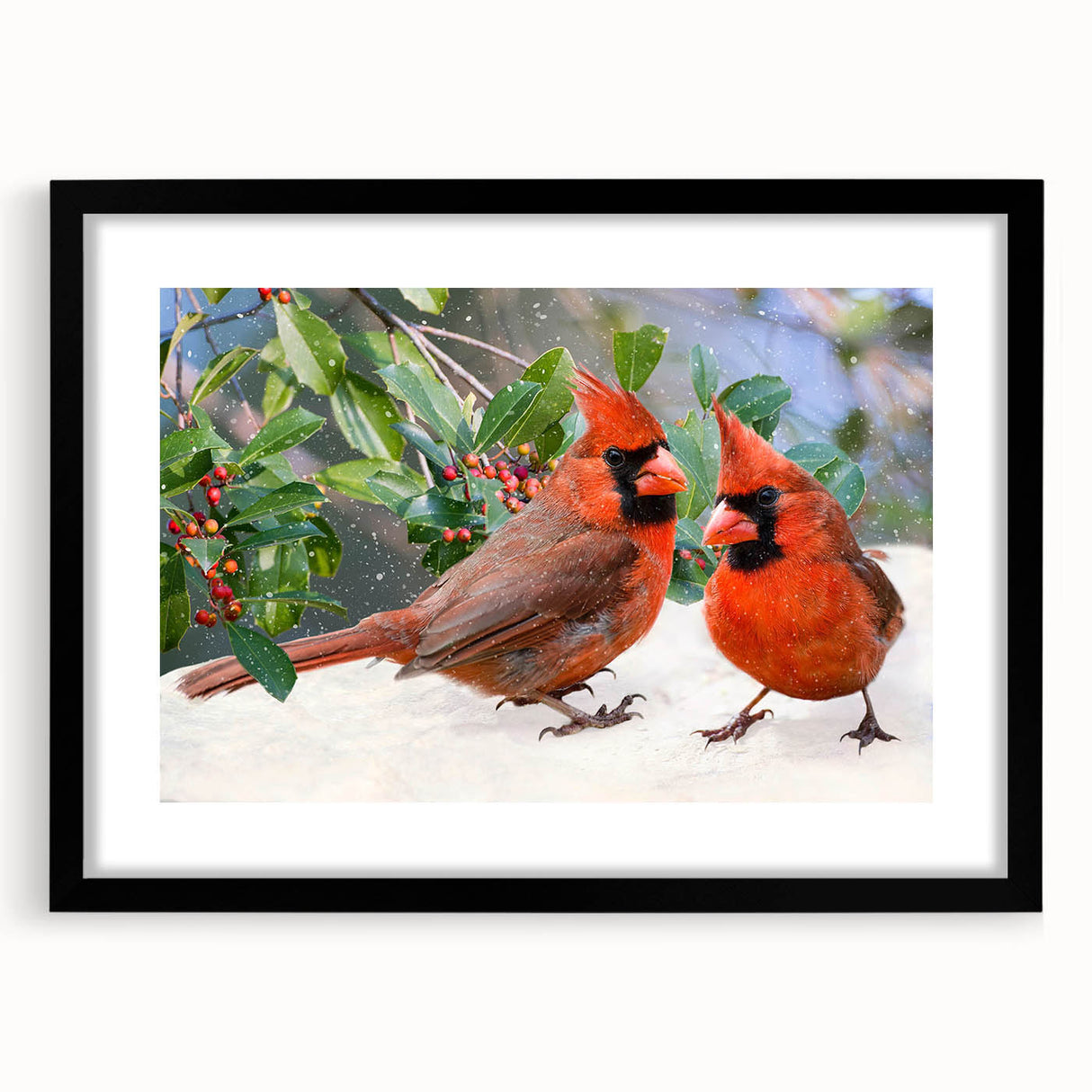 Framed wall art showcasing a vibrant cardinal design on a black mat, perfect for home decor, adding a touch of nature to any space. Ideal for bird lovers.