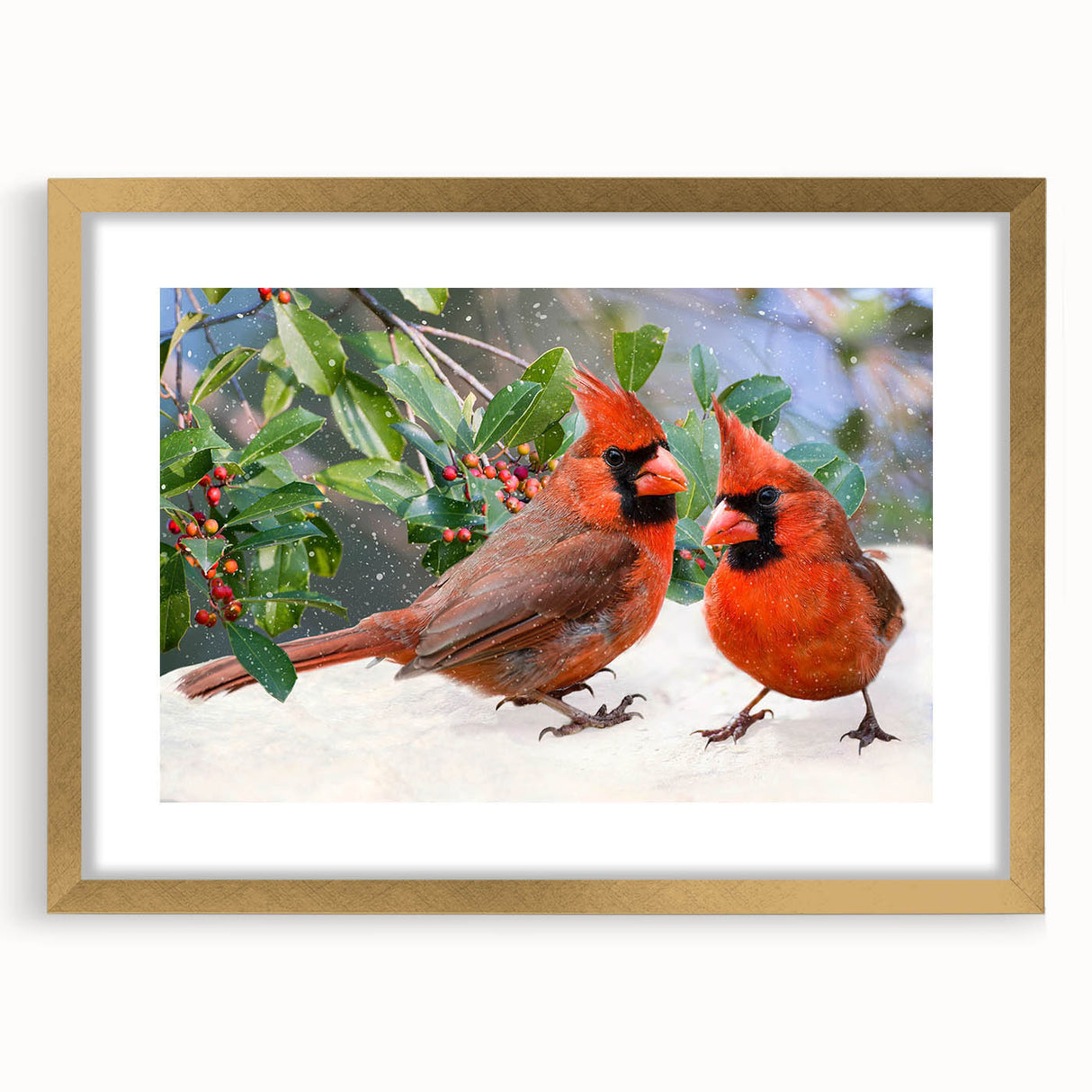 Elegant gold-framed wall art featuring a vibrant cardinal design, showcasing detailed textures and rich colors, perfect for enhancing home decor with a nature-inspired touch.