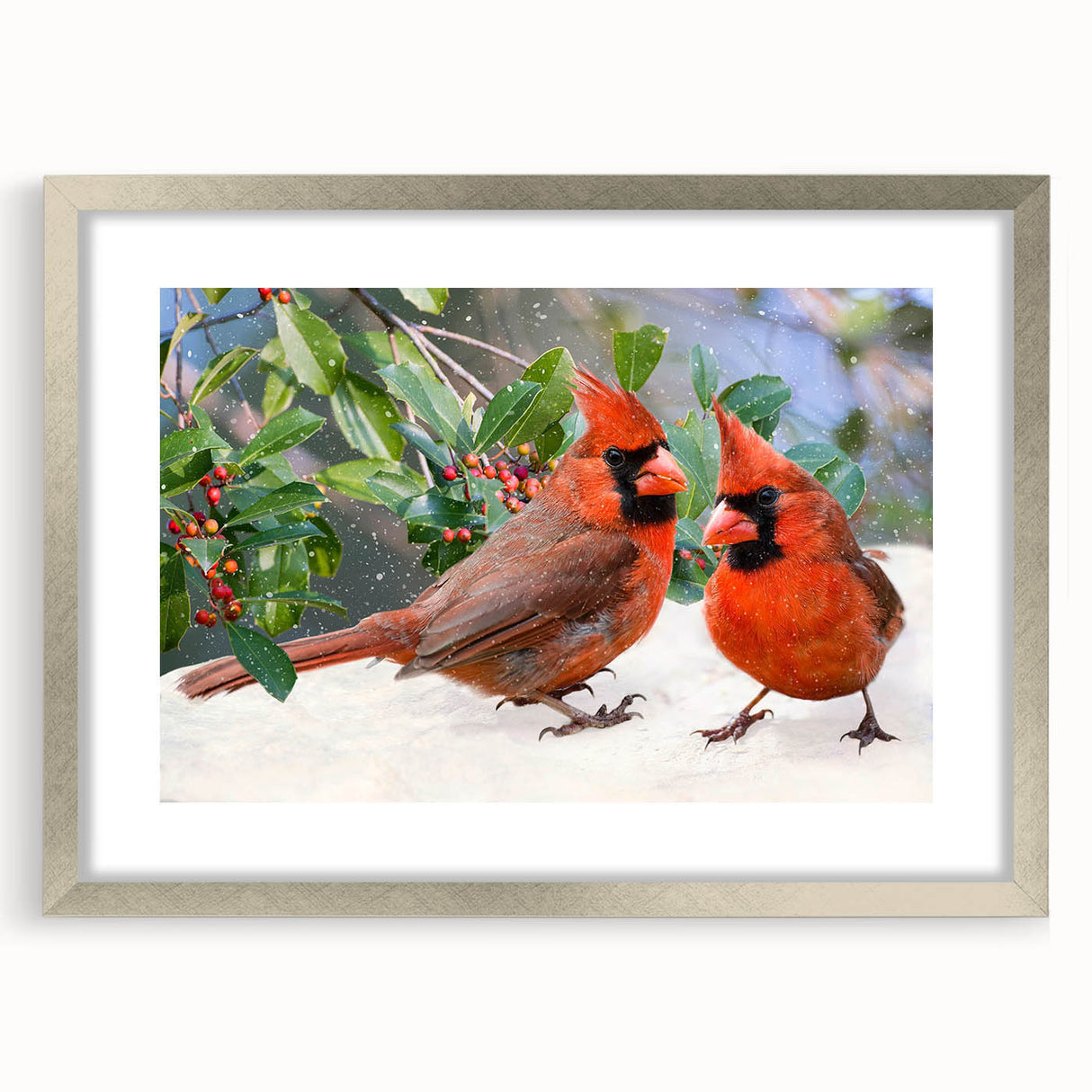 Framed wall art showcasing a vibrant cardinal bird design, set in a silver frame with a white mat, perfect for home decor and nature enthusiasts.