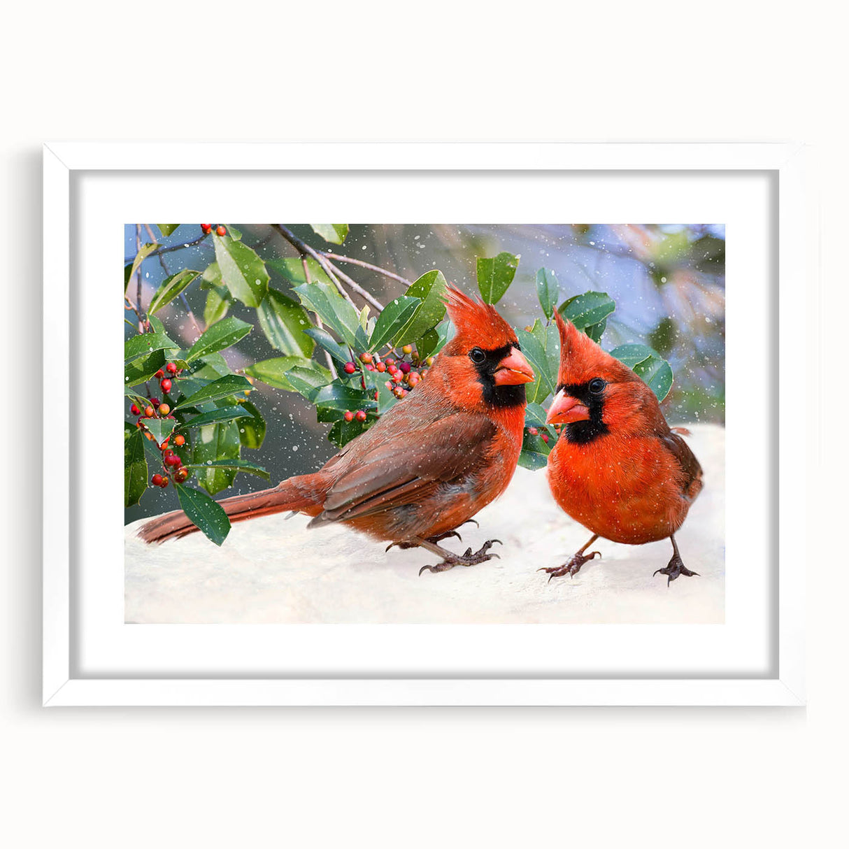 Elegant wall art featuring a vibrant cardinal bird design in a white frame with a mat, perfect for adding a touch of nature to home decor.