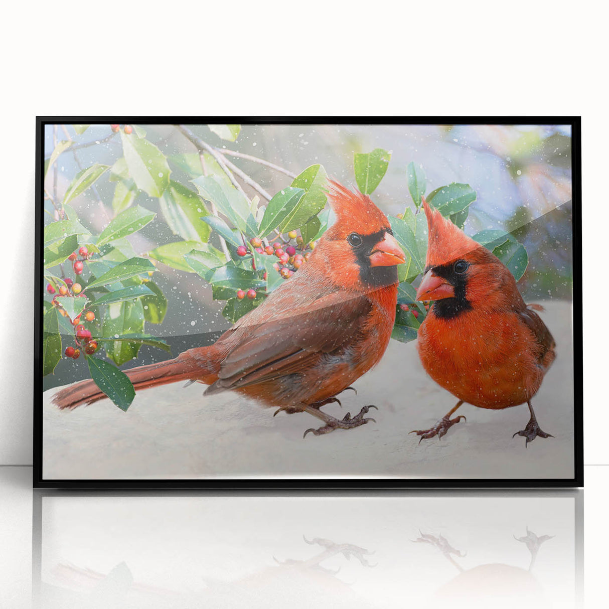 Framed wall art featuring a vibrant cardinal bird design, set in a sleek black frame, showcasing rich red and green colors against a neutral background. Perfect for nature lovers’ home decor.