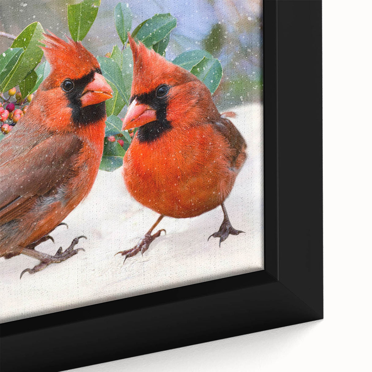 Close-up of a beautifully framed cardinal wall art piece, showcasing vibrant red and green colors against a natural background, perfect for home decor.