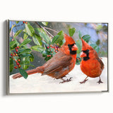 Framed canvas wall art showcasing a vibrant cardinal bird design in a silver frame, ideal for home decor, adding a touch of nature-inspired elegance to any room.