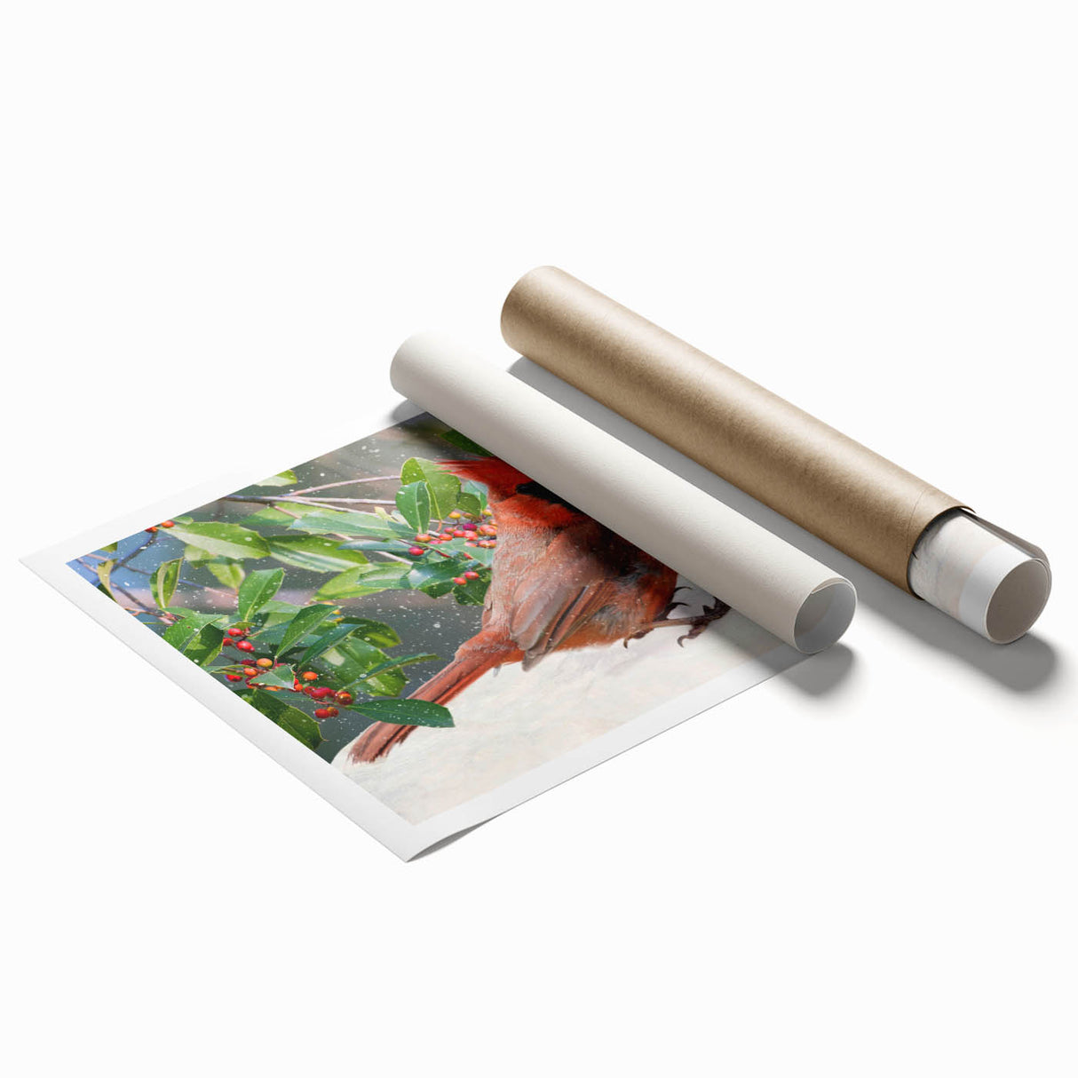 Vibrant wall art print showcasing a cardinal bird design on a natural background, rolled for easy display and shipping, ideal for nature-themed decor.