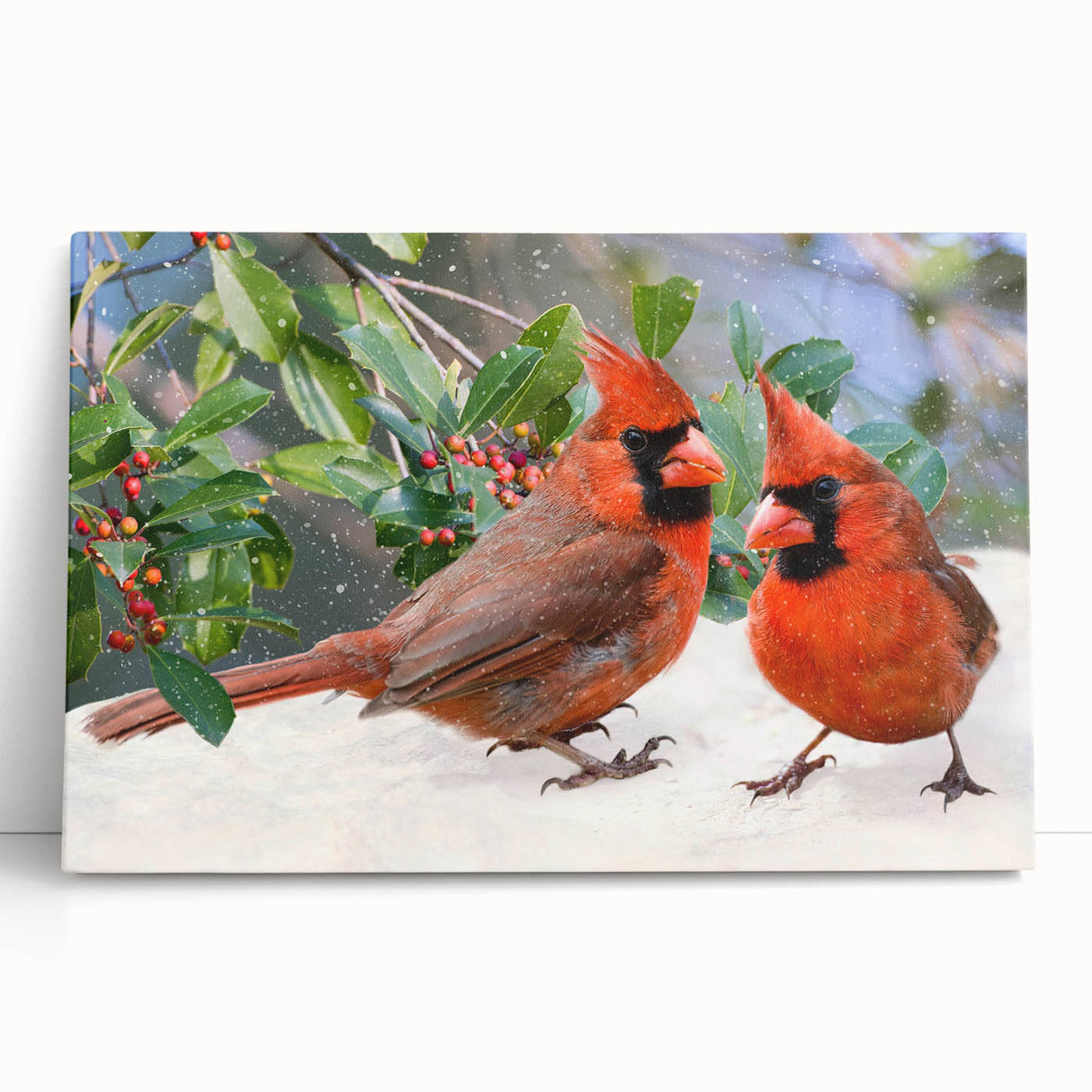 Vibrant stretched canvas wall art featuring a cardinal bird design, showcasing rich reds and earthy tones, perfect for enhancing home decor with nature-inspired elegance.