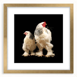 Framed wall art featuring a colorful chicken design with intricate detailing in a gold frame, ideal for adding a whimsical touch to home decor.