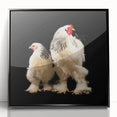 Framed wall art featuring a colorful chicken design, set against a sleek black background, perfect for adding a whimsical touch to home decor. The acrylic frame enhances the vibrant colors and details of the artwork, making it an eye-catching addition to any room. Ideal for animal lovers and those seeking unique, playful decor.