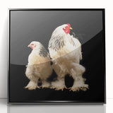 Framed wall art featuring a colorful chicken design, set against a sleek black background, perfect for adding a whimsical touch to home decor. The acrylic frame enhances the vibrant colors and details of the artwork, making it an eye-catching addition to any room. Ideal for animal lovers and those seeking unique, playful decor.
