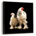 Framed canvas wall art featuring colorful chicken designs, displayed from the side, showcasing vibrant colors and intricate details ideal for home decor.