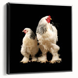 Framed canvas wall art featuring colorful chicken designs, displayed from the side, showcasing vibrant colors and intricate details ideal for home decor.