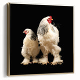 Framed canvas wall art featuring a stylish chicken design with gold accents, showcasing a side view of the artwork, ideal for contemporary home decor.