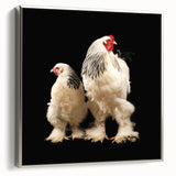 Framed canvas wall art showcasing a silver side view of a colorful bird chicken design, perfect for adding a whimsical touch to home decor.