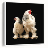 Framed wall art featuring a whimsical chicken design in vibrant colors, set against a white background, showcasing a side view of the canvas. Perfect for adding a playful touch to home decor.