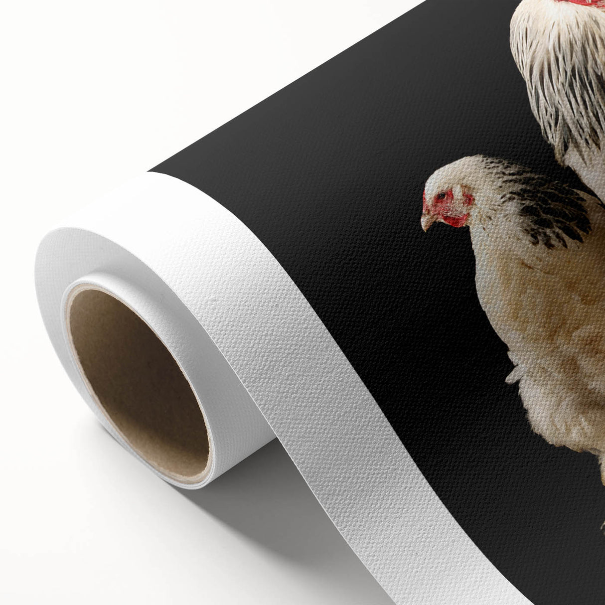 Rolled canvas wall art showcasing a colorful chicken design, featuring vibrant hues and intricate details, ideal for adding a playful touch to home decor.