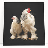 Stretched canvas wall art showcasing a vibrant chicken design, featuring bold colors and playful details, perfect for adding a whimsical touch to any room decor.