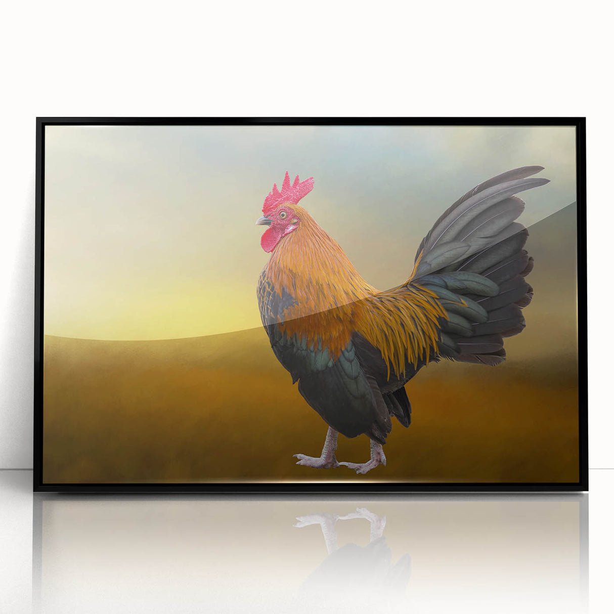 Framed acrylic wall art featuring a colorful chicken design with intricate details, presented in a sleek black frame, ideal for adding a touch of whimsy to home decor.
