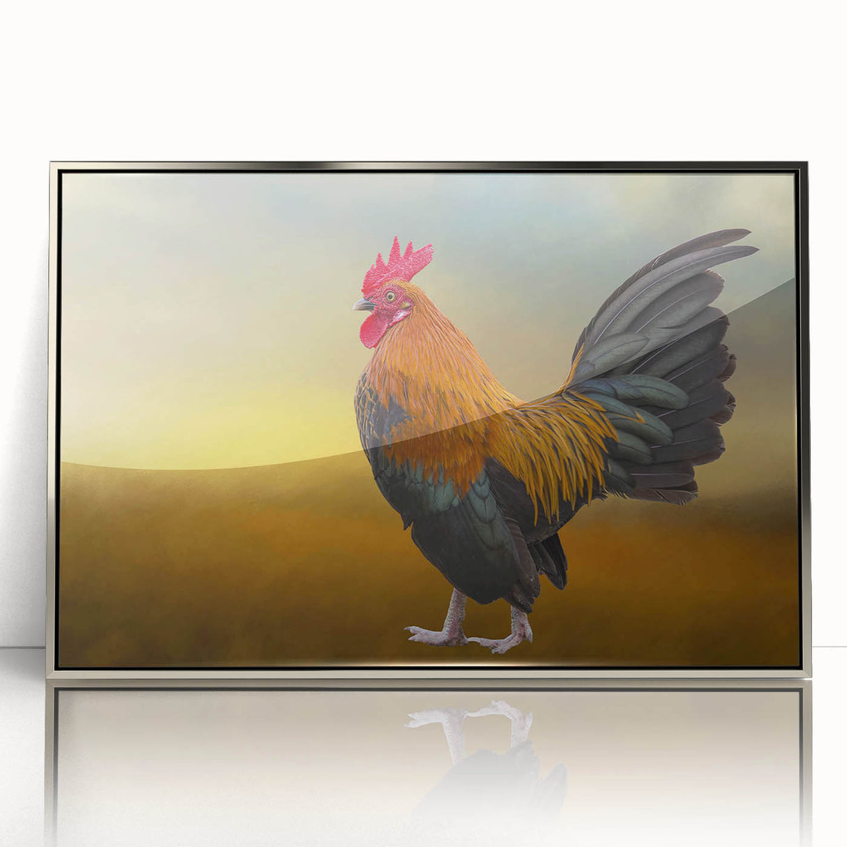 Framed wall art featuring a stylish chicken design in acrylic with a sleek silver frame, ideal for modern decor and animal lovers. Perfect for enhancing home aesthetics.