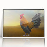 Framed acrylic wall art featuring a whimsical chicken design, showcased in a sleek white frame, perfect for adding a playful touch to home decor. Ideal for animal lovers and unique art enthusiasts.