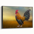 Framed wall art featuring a vibrant chicken design on canvas, displayed in a sleek black frame with a side view showcasing its modern aesthetic. Perfect for adding a whimsical touch to home decor.