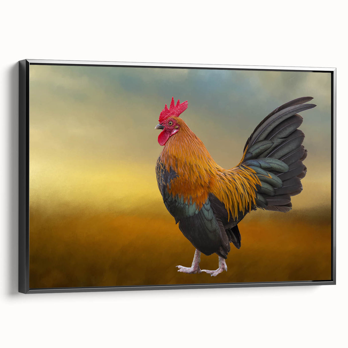 Framed wall art featuring a vibrant chicken design on canvas, displayed in a sleek black frame with a side view showcasing its modern aesthetic. Perfect for adding a whimsical touch to home decor.