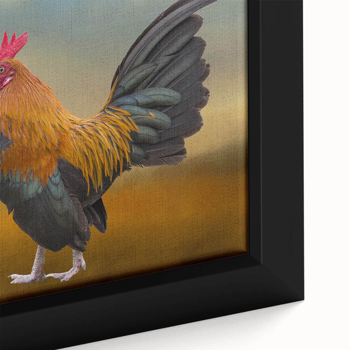 Close-up of a framed canvas wall art piece featuring a colorful chicken design, showcasing intricate details and vibrant colors, perfect for adding a playful touch to home decor.