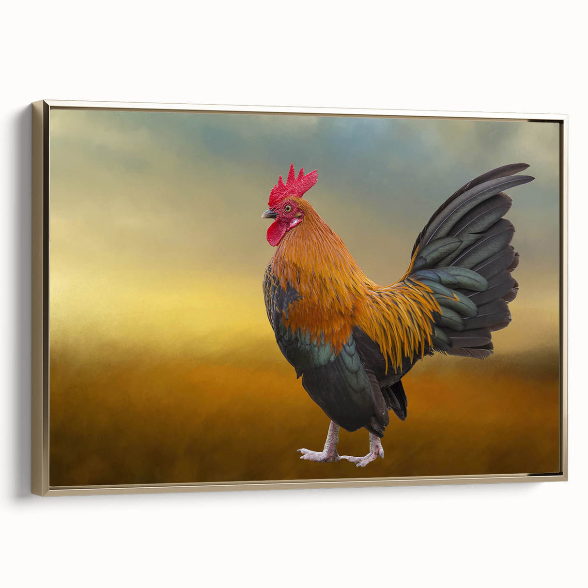 Framed canvas wall art showcases a vibrant chicken design with intricate details and a gold frame, perfect for adding a touch of elegance to any room decor.
