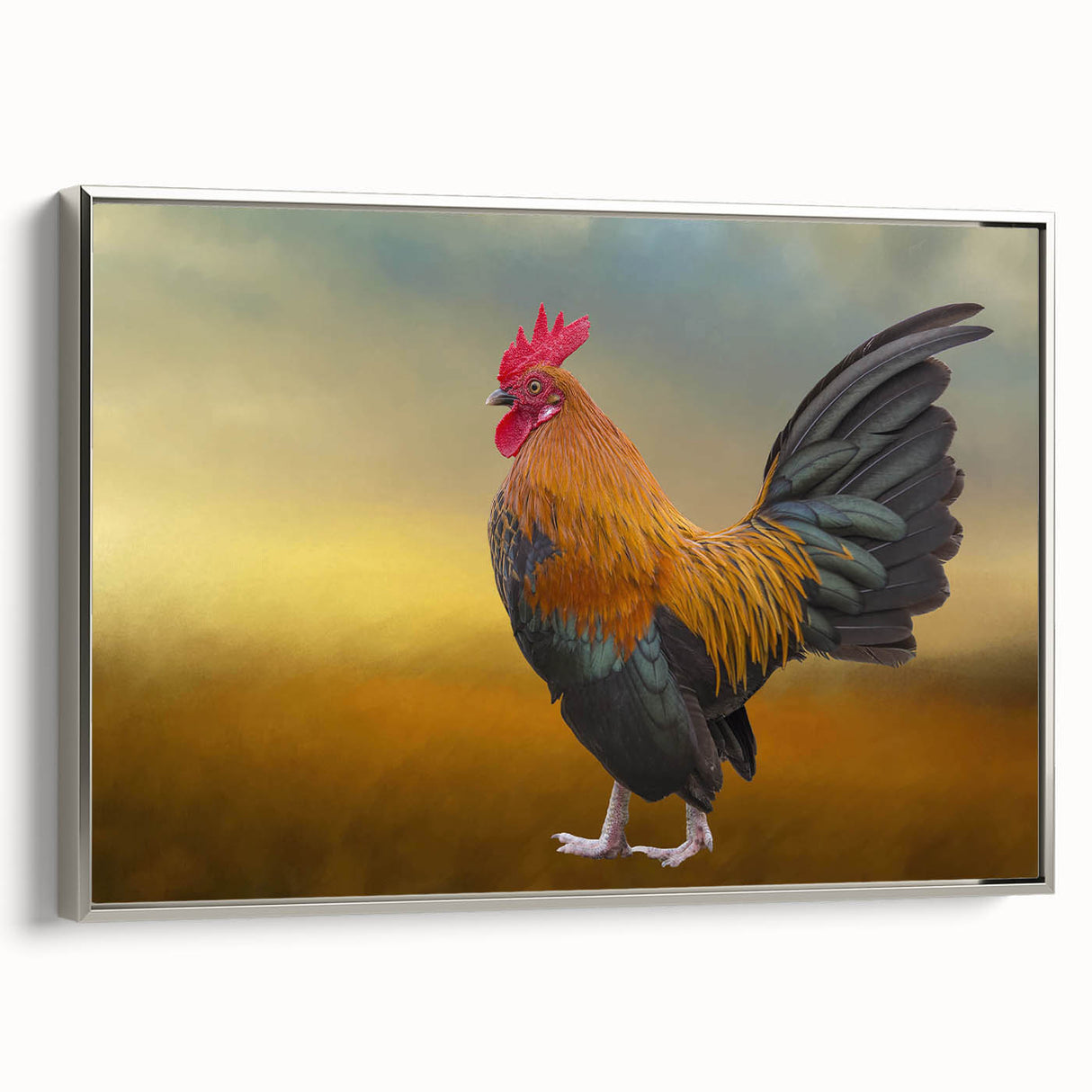 Framed wall art showcasing a stylish chicken design on a silver canvas, highlighting intricate details against a modern home decor backdrop, perfect for animal lovers.