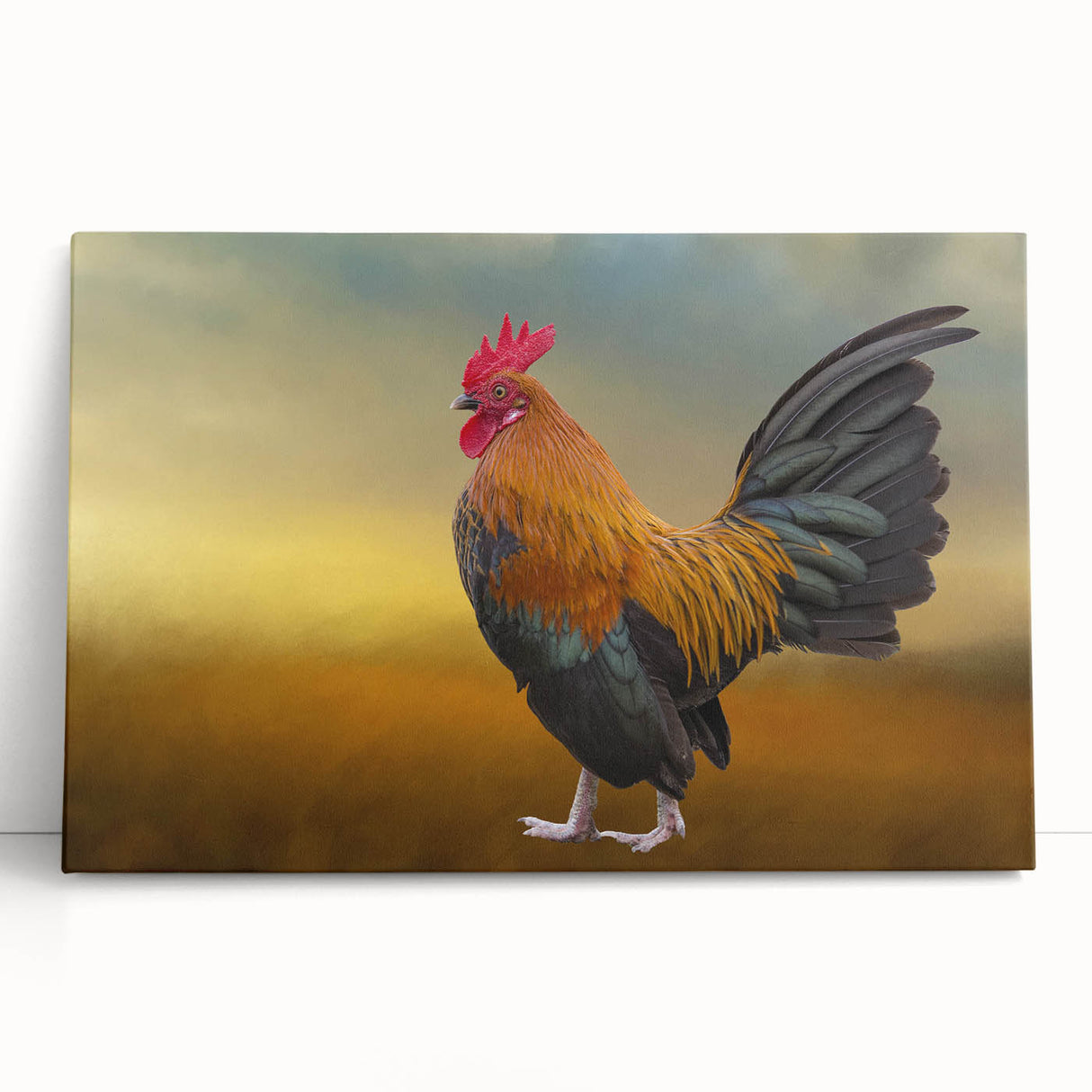 Colorful wall art featuring a whimsical chicken design on stretched canvas, ideal for adding a playful touch to home decor. Perfect for poultry lovers and vibrant interiors.