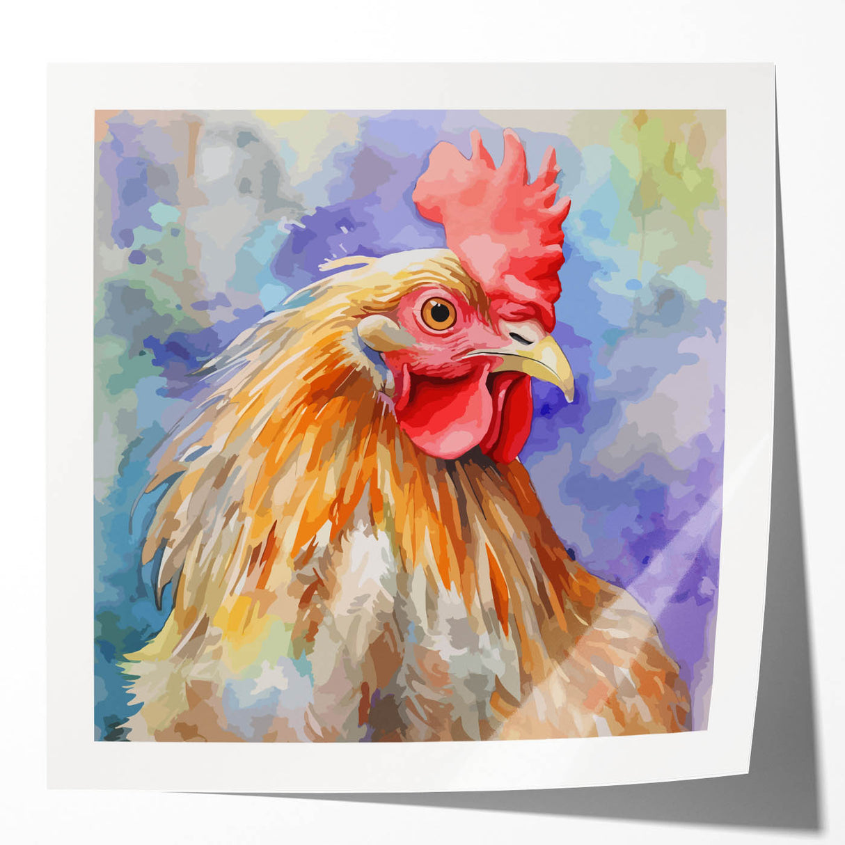 Colorful wall art print showcasing a whimsical chicken design on a glossy canvas, ideal for adding a playful touch to home decor. Perfect for animal lovers and modern interiors.