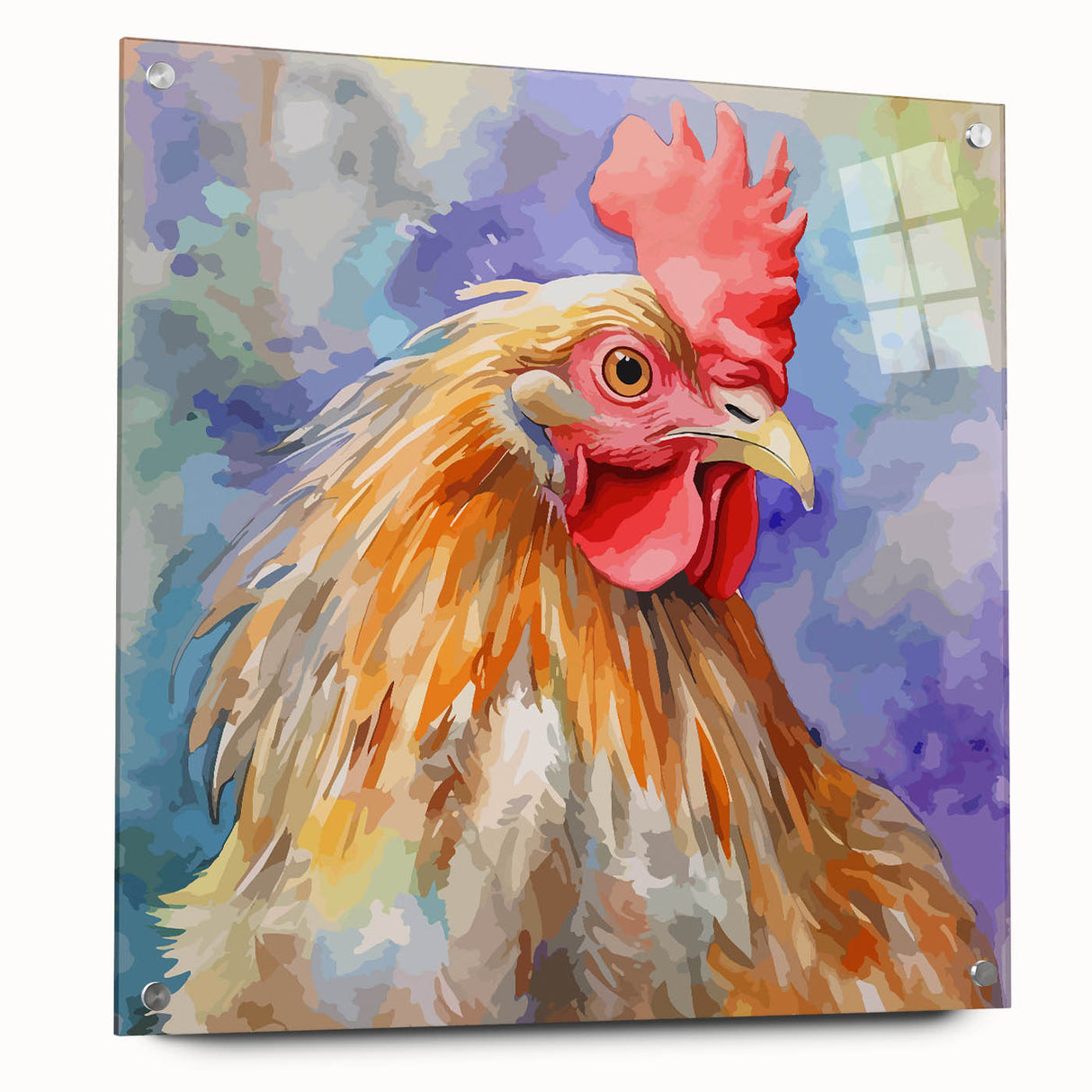 Acrylic glass wall art featuring a vibrant chicken design, showcasing intricate details and vivid colors, displayed with pins for easy mounting. Ideal for animal lovers and home decor enthusiasts.