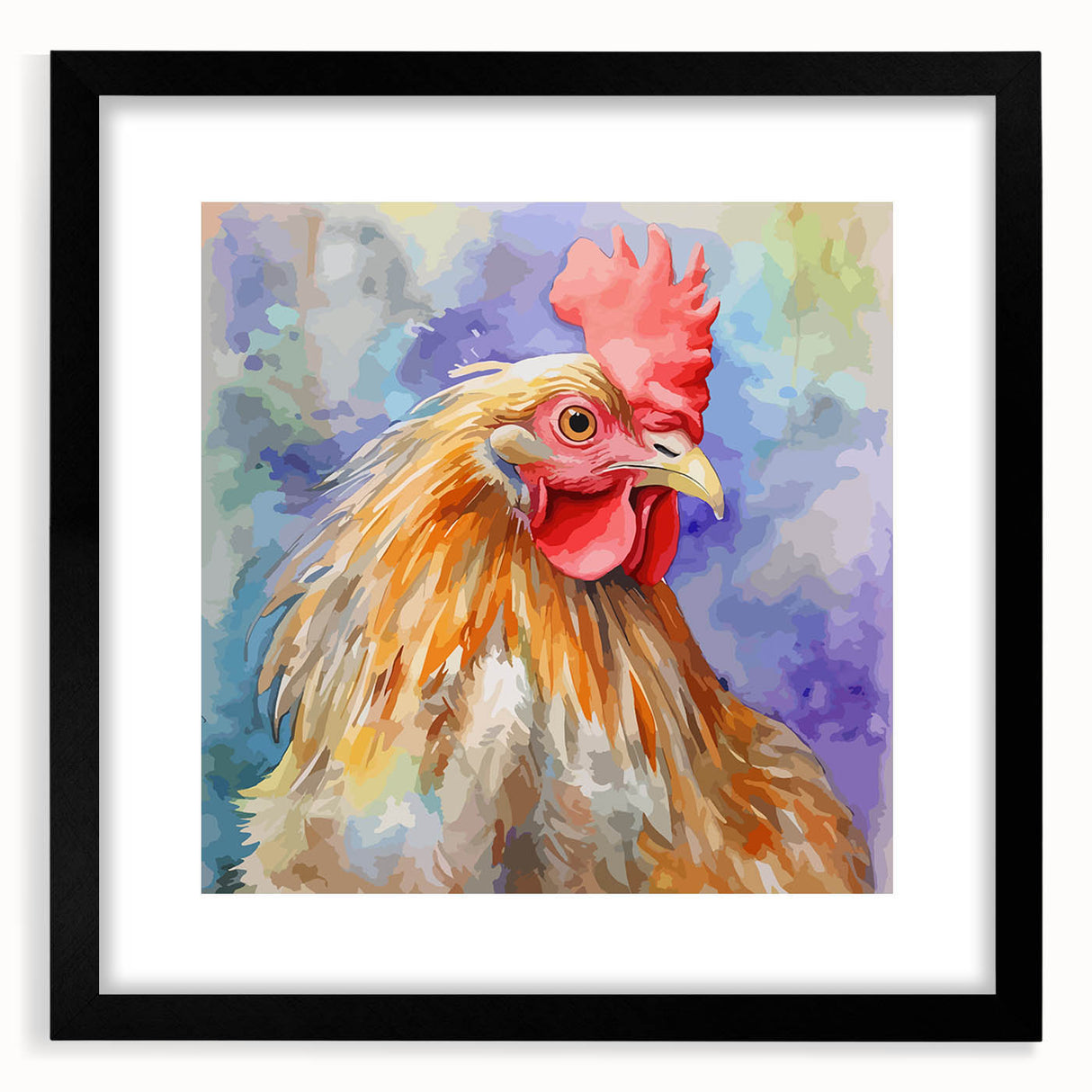 Framed wall art featuring a whimsical chicken design, showcasing vibrant colors on a black background, ideal for home decor or kitchen aesthetics.