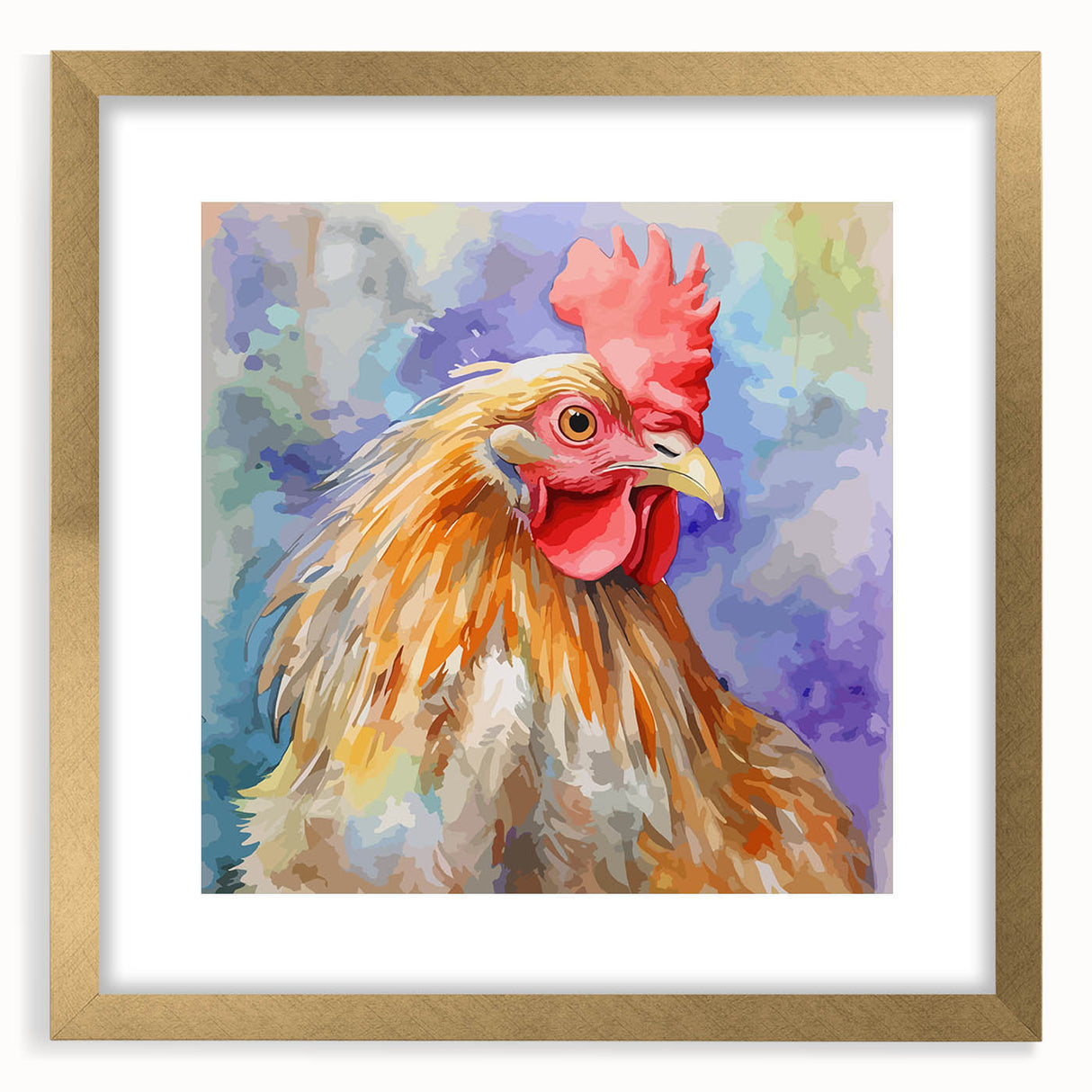 Framed wall art collection featuring a detailed chicken design with a gold mat, showcasing vibrant colors and intricate patterns, perfect for home decor.
