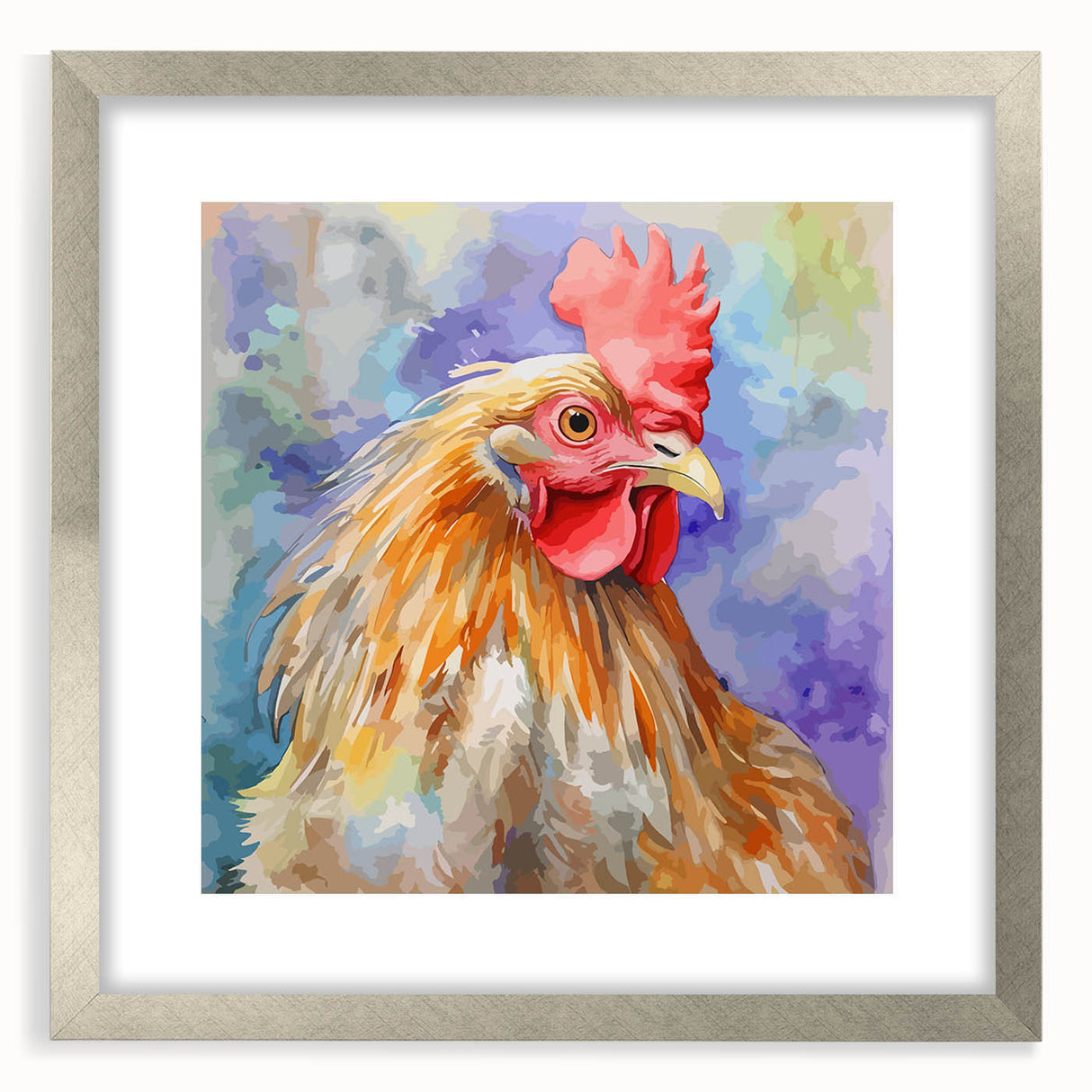 Framed wall art featuring a chicken design in a silver frame with a mat, perfect for farmhouse decor and animal lovers, showcasing intricate details and vibrant colors.