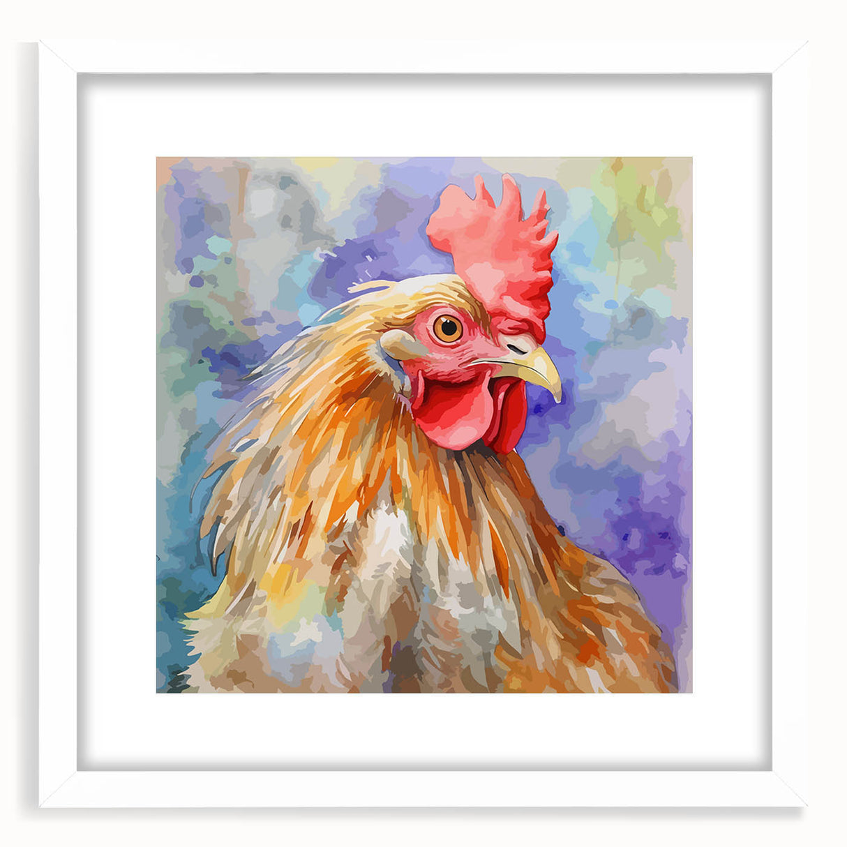 Framed wall art featuring a detailed chicken design in vibrant colors, set against a white matting and frame, ideal for enhancing home decor.