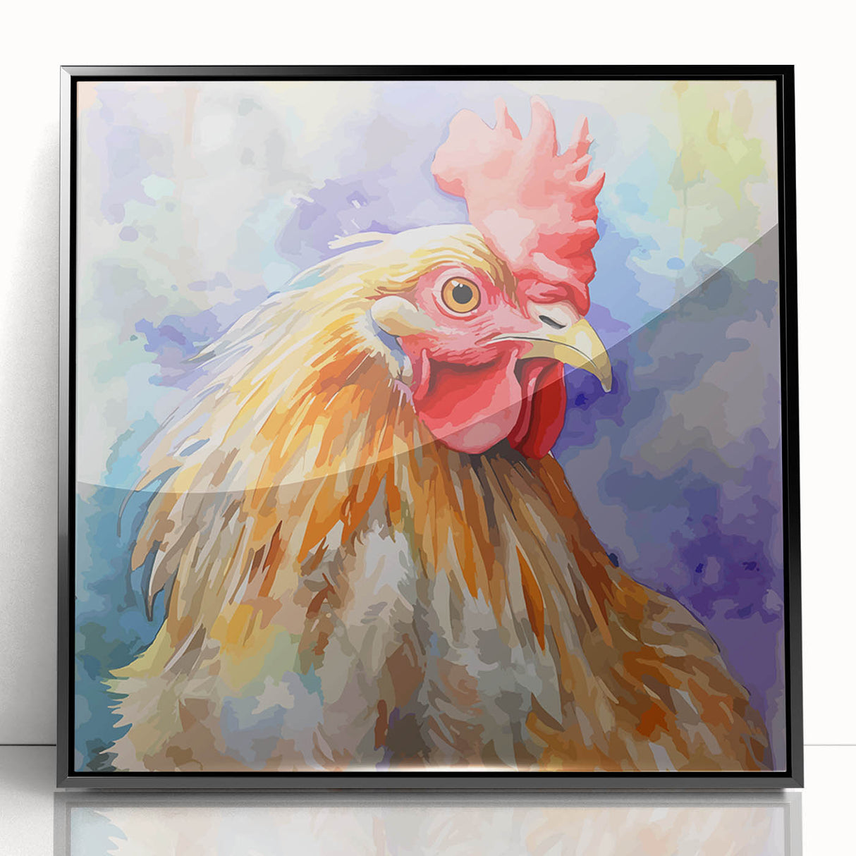 Framed wall art featuring a vibrant chicken design, showcasing intricate details and bright colors, set against a black background for a striking contrast, ideal for home decor.