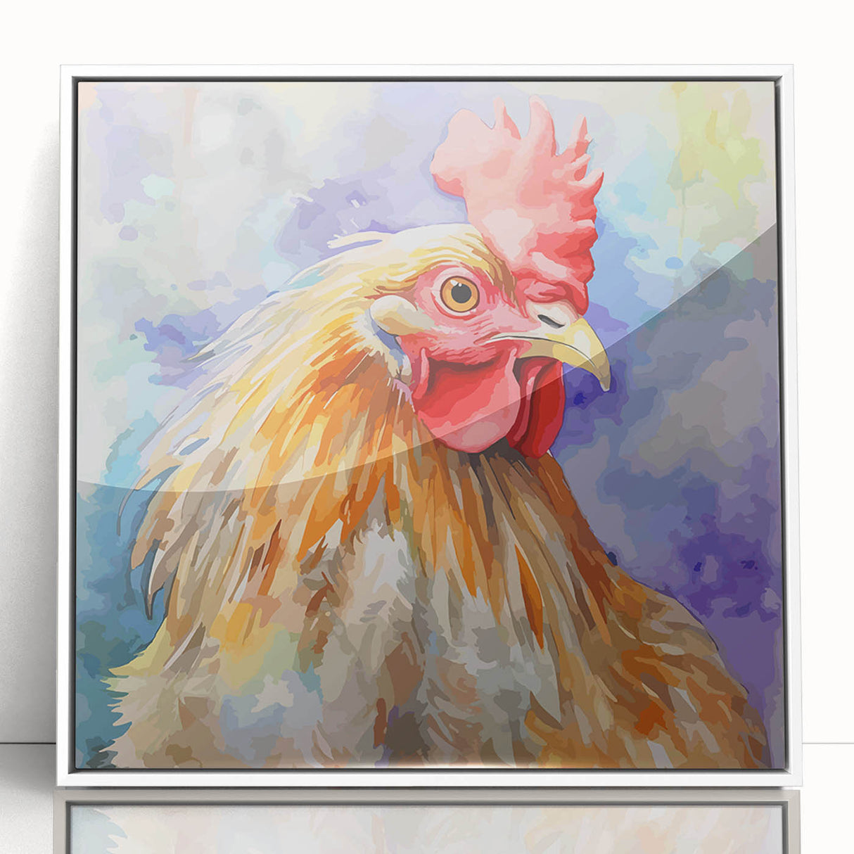 Framed wall art featuring a whimsical chicken design on a white background, showcasing vibrant colors and playful details, perfect for kitchen decor or poultry enthusiasts.