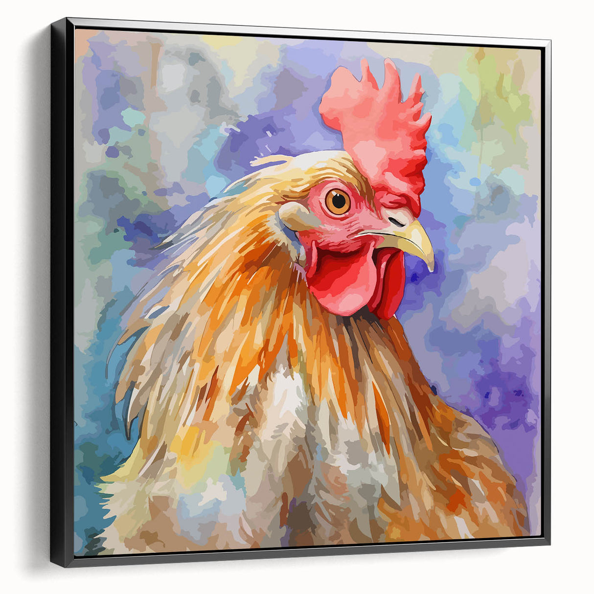 Framed wall art featuring a collection of colorful bird and chicken designs on a black canvas, showcasing vibrant hues and intricate details, perfect for home decor.
