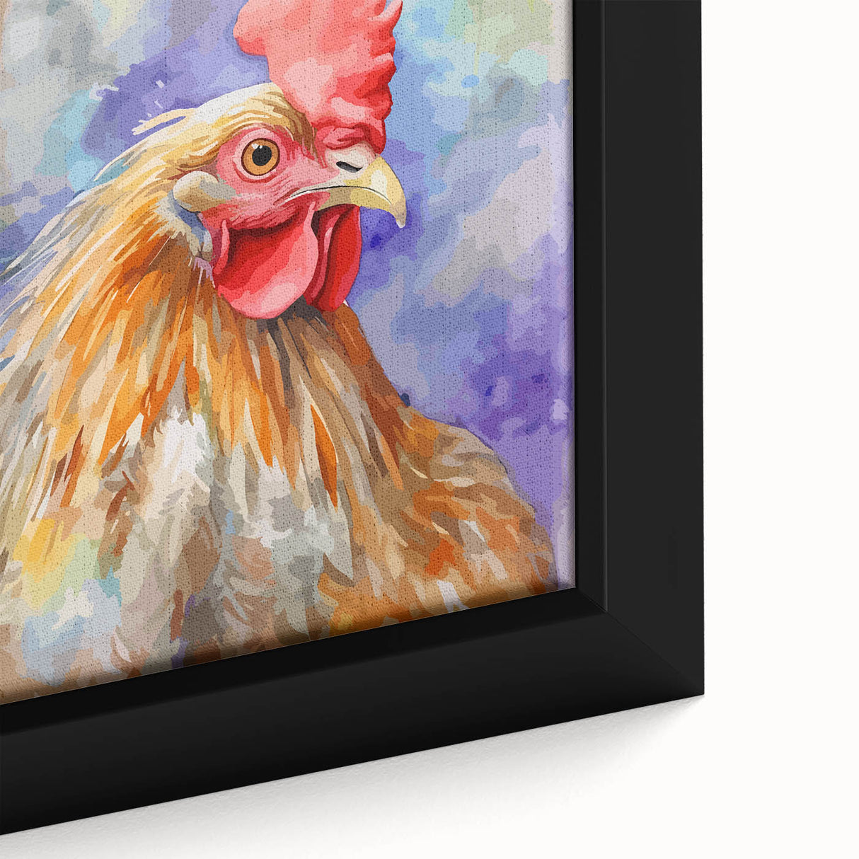 Close-up of a framed canvas wall art piece showcasing a vibrant, detailed design of various birds, including chickens, in a colorful arrangement, perfect for home decor.
