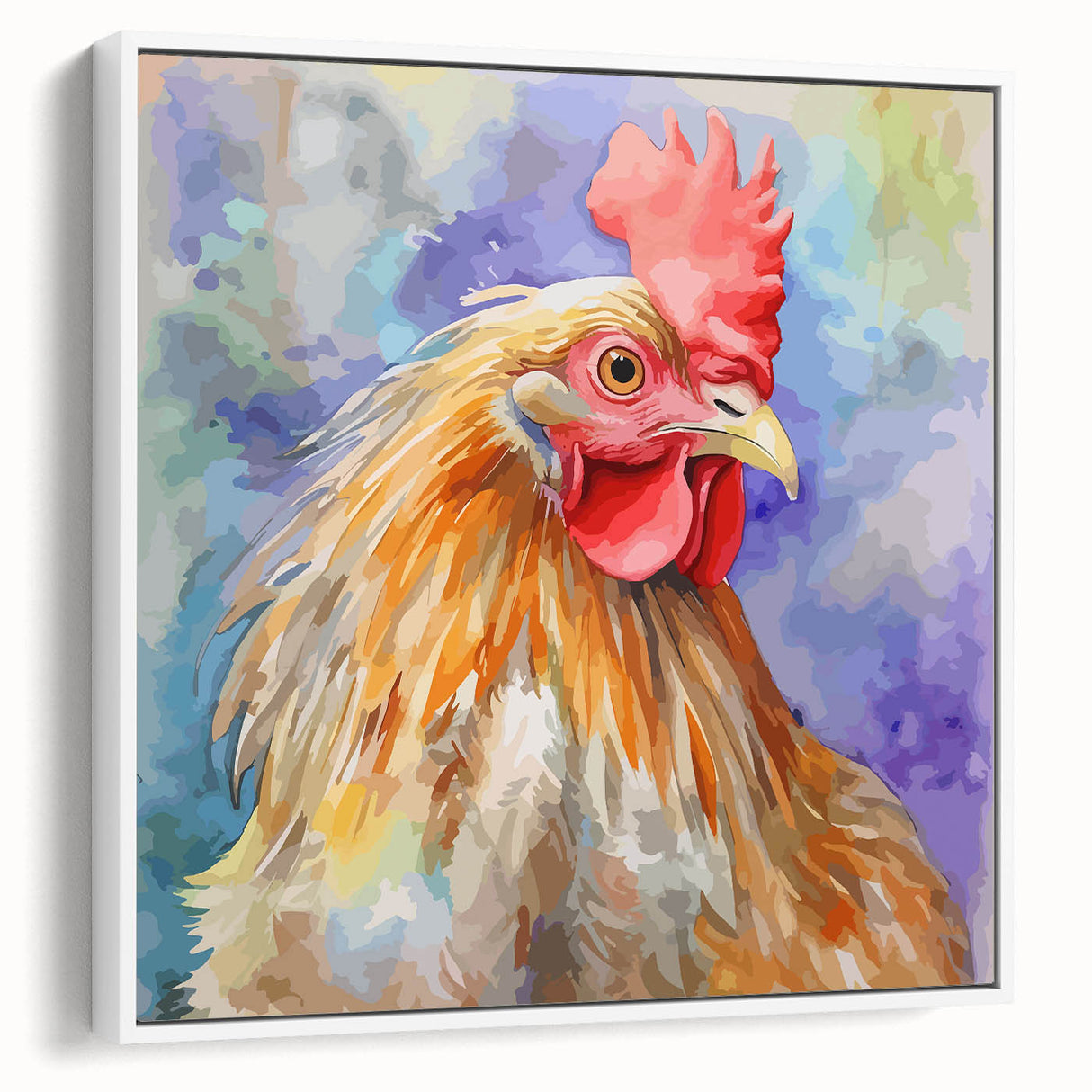 Framed canvas wall art showcasing a whimsical chicken design, featuring vibrant colors and intricate details, perfect for adding a playful touch to home decor.