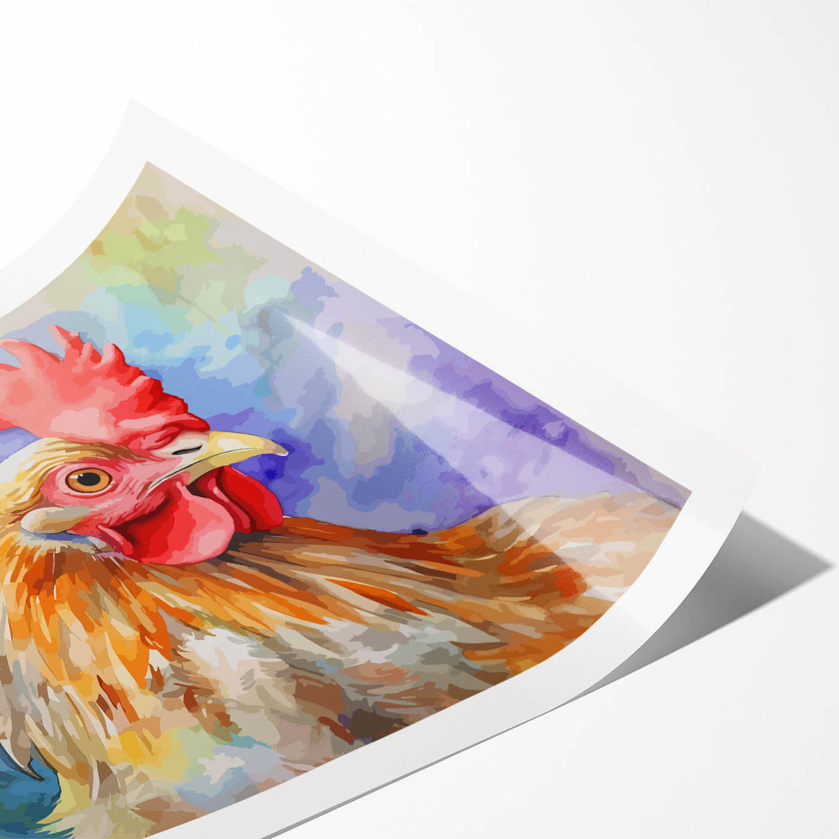 Colorful wall art print featuring a whimsical chicken design, rolled up for easy transport, ideal for home decor enthusiasts seeking unique animal-themed artwork.