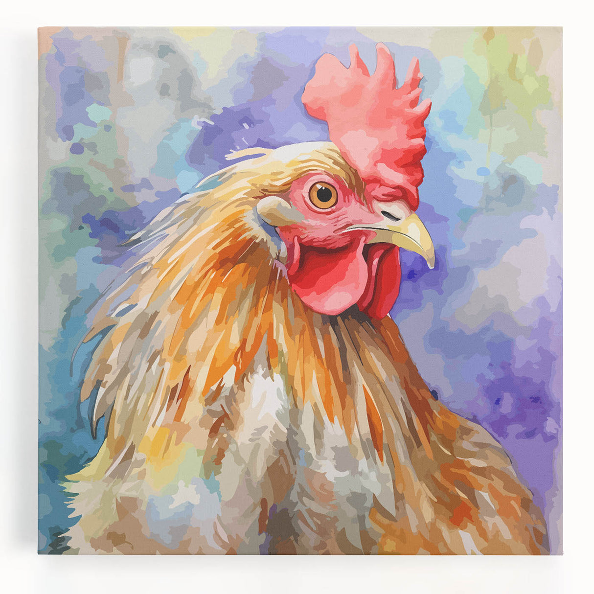 Colorful chicken-themed wall art on stretched canvas, showcasing vibrant birds in a playful design, perfect for adding a cheerful touch to home decor.