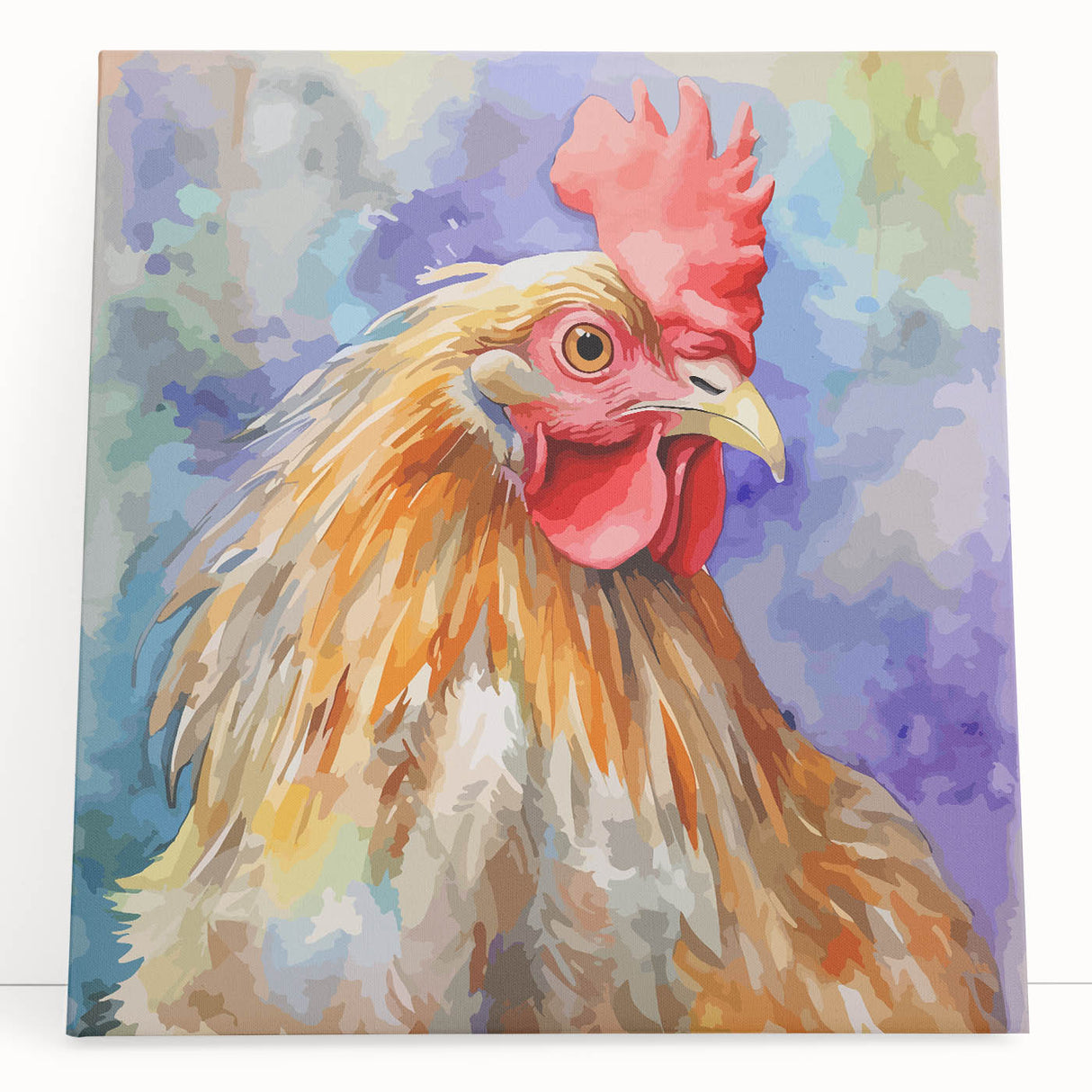 Colorful stretched canvas wall art featuring a whimsical chicken design, perfect for adding a playful touch to home decor. Ideal for kitchens or dining areas.