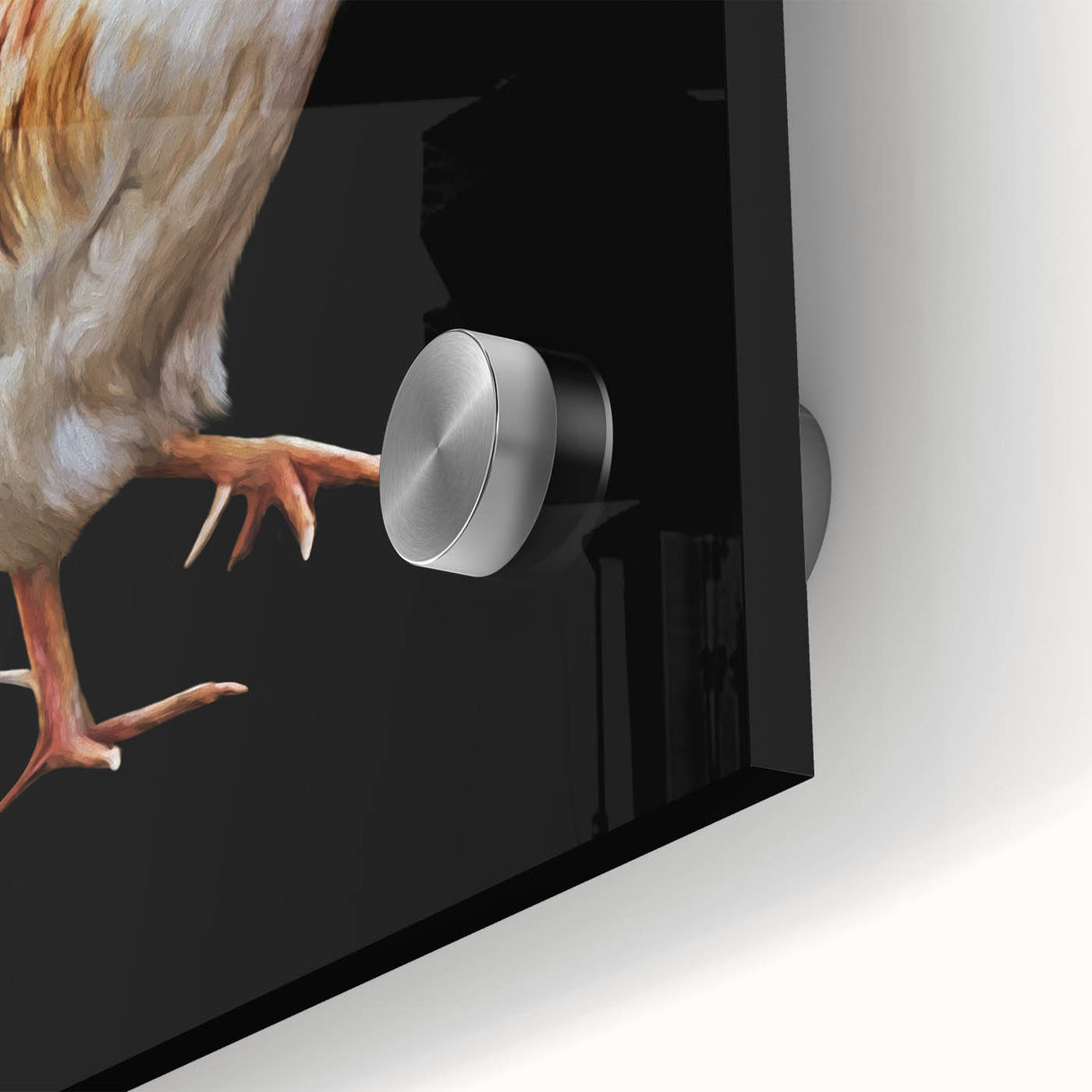 Close-up of a vibrant acrylic glass wall art piece showcasing a colorful chicken design, perfect for adding a playful touch to home decor or kitchen spaces.