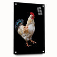 Acrylic wall art featuring a vibrant chicken design, displayed from the side with decorative pins, perfect for adding a pop of color to modern home decor.