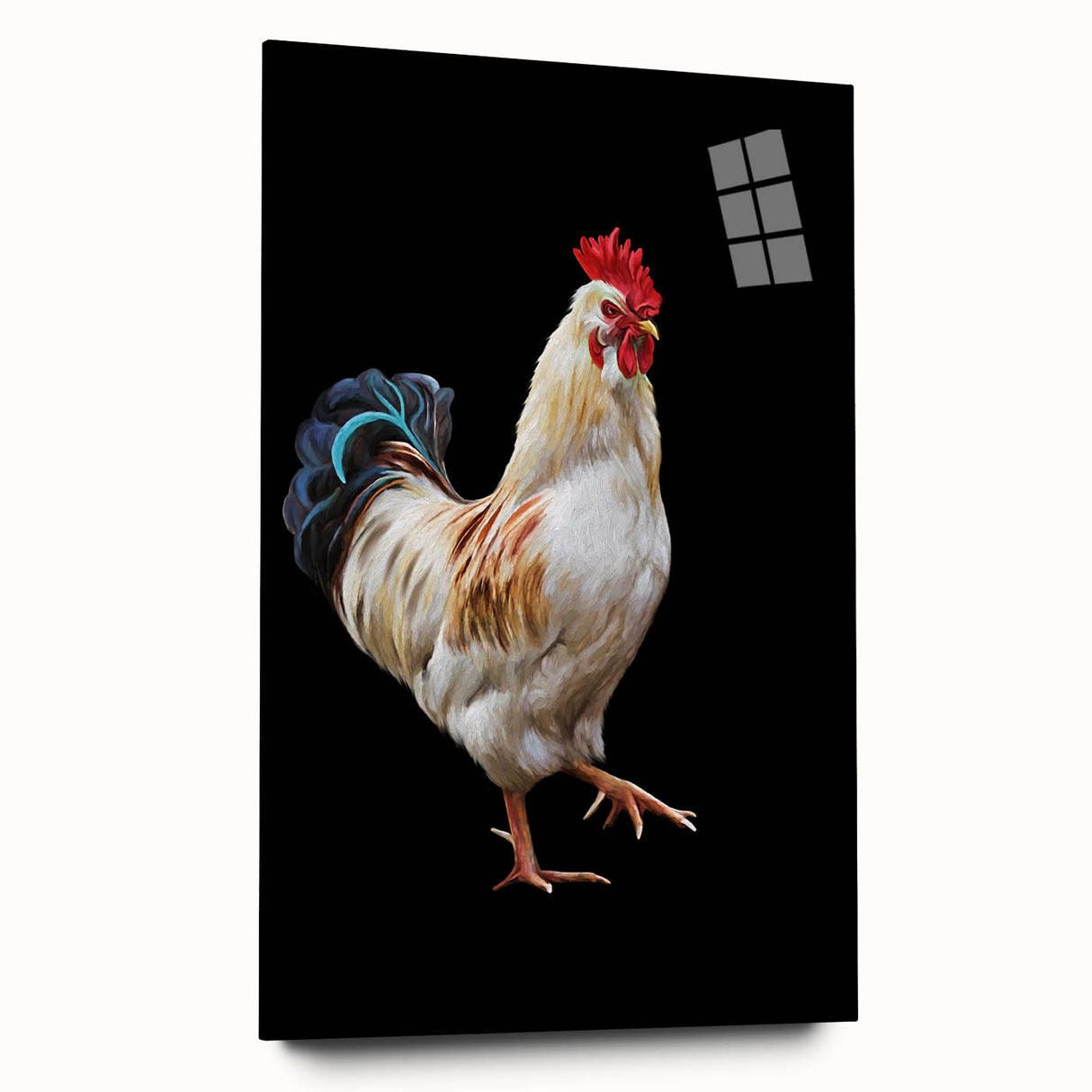 Acrylic glass wall art showcasing a vibrant chicken design from the Birds Collection, featuring a side view that highlights intricate details and vivid colors, perfect for home decor.