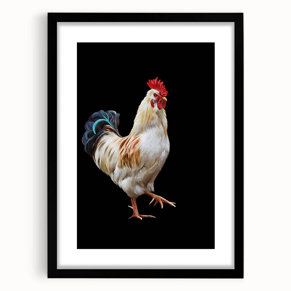 Black framed wall art showcasing a whimsical chicken design, perfect for adding a playful touch to home decor. Features a clean mat finish and modern aesthetics.
