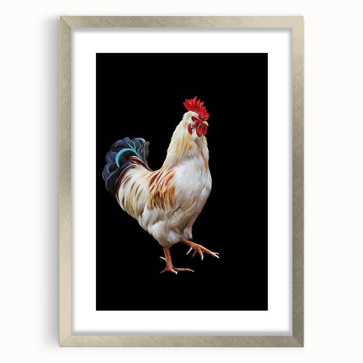 Framed wall art featuring a whimsical chicken design with a silver mat, perfect for adding a playful touch to home decor. Ideal for kitchen or dining room aesthetics.